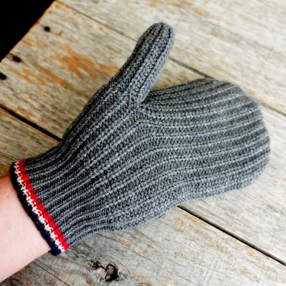 Moncler Wool Mittens Gloves Mens MEDIUM Grey Stripe Authentic Retro Vintage - Picture 9 of 9